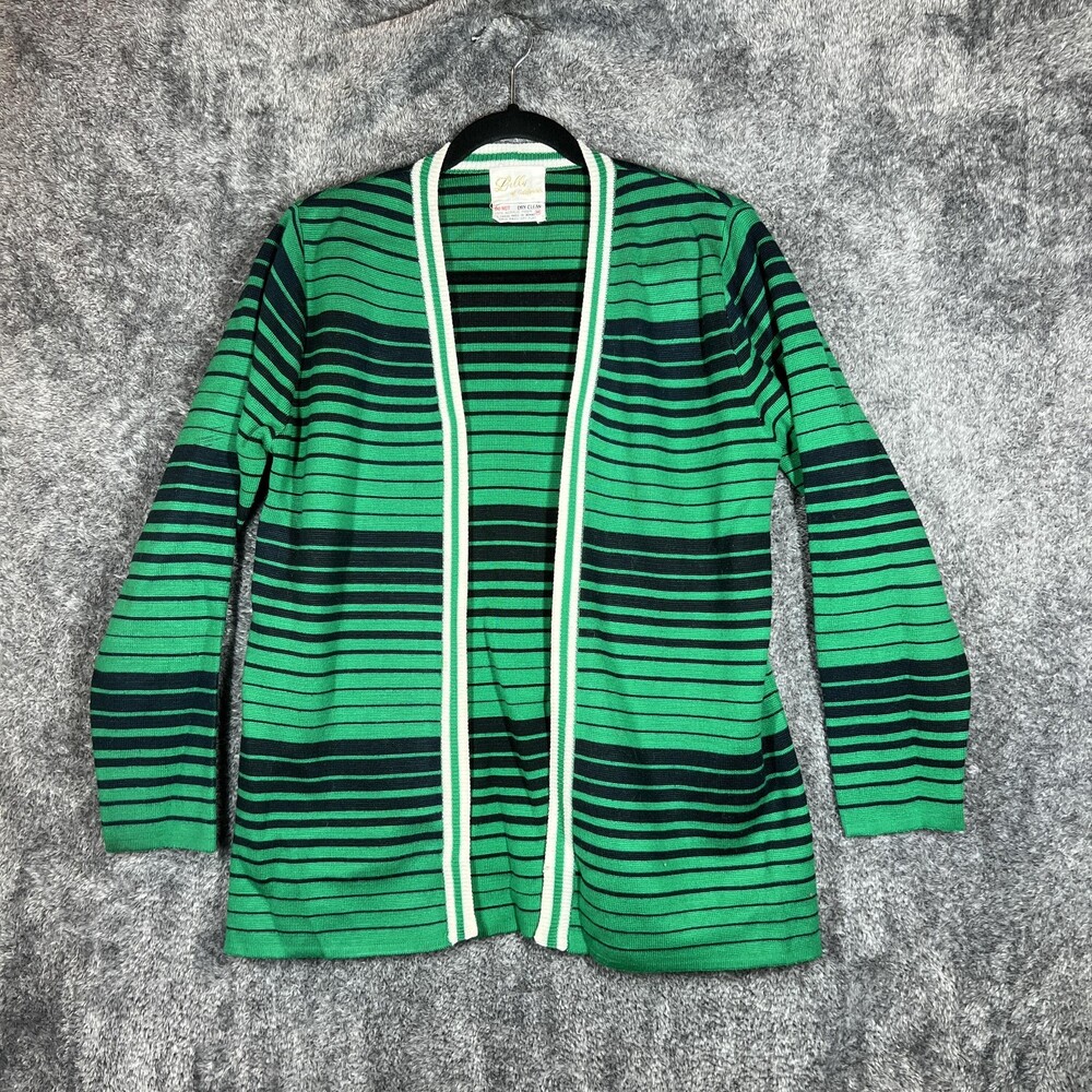 Vintage Lilly Of California Sweater Womens Medium Green Striped Cardigan 70s